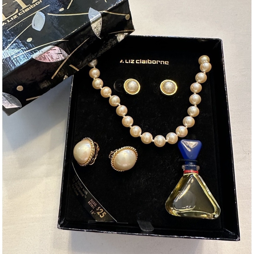 Vtg LIZ CLAIBORNE Faux Pearl Choker Clip Earrings‎ Set Gold Tone & Perfume Mini